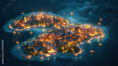 Urbanized Island with Futuristic Aerial Perspective