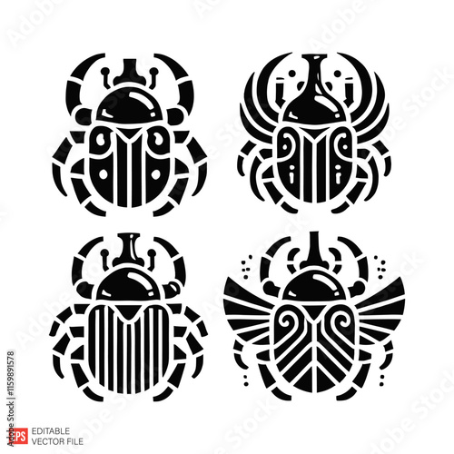 Vector Set of Stylized Scarab Insects Illustrations in Black and White