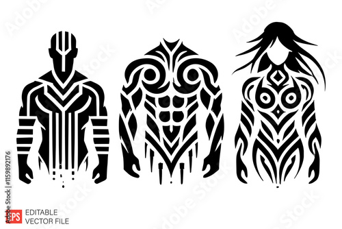 Set of Tribal Figure Designs with Abstract Patterns and Curves photo