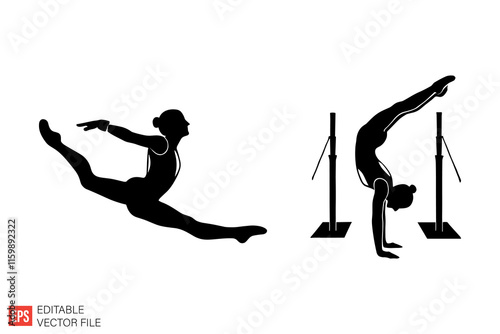 Silhouette Illustrations of Female Gymnasts in Artistic Poses and Movements