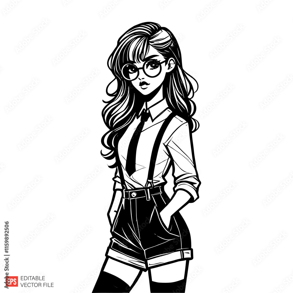 Stylized Illustration of a Fashionable Woman with Glasses and Elegant Attire Stylized Illustration of a Fashionable Woman with Glasses and Elegant Attire