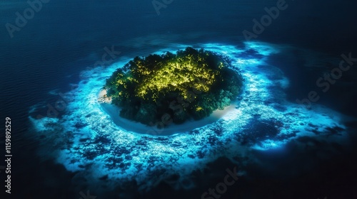 Aerial View of a Glowing Island at Night