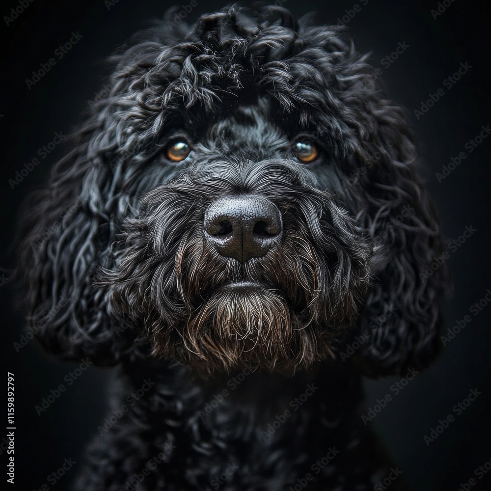 Close-up of black labradoodle with curly fur against dark background Close-up of black labradoodle with curly fur against dark background