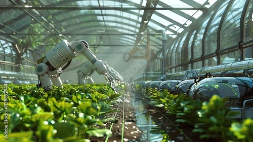 The image shows a solar-powered robot in a vibrant vegetable garden, surrounded by solar panels and lush green plants, showcasing advanced agricultural technology and sustainability.