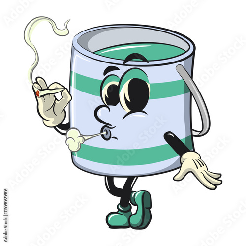 green cute isolated cartoon paint can character mascot smoke calmly, work of hand drawn