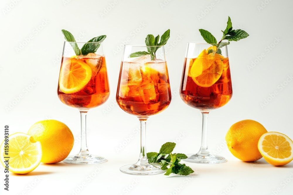 Glasses of ice tea with lemon slices and mint on white background Glasses of ice tea with lemon slices and mint on white background