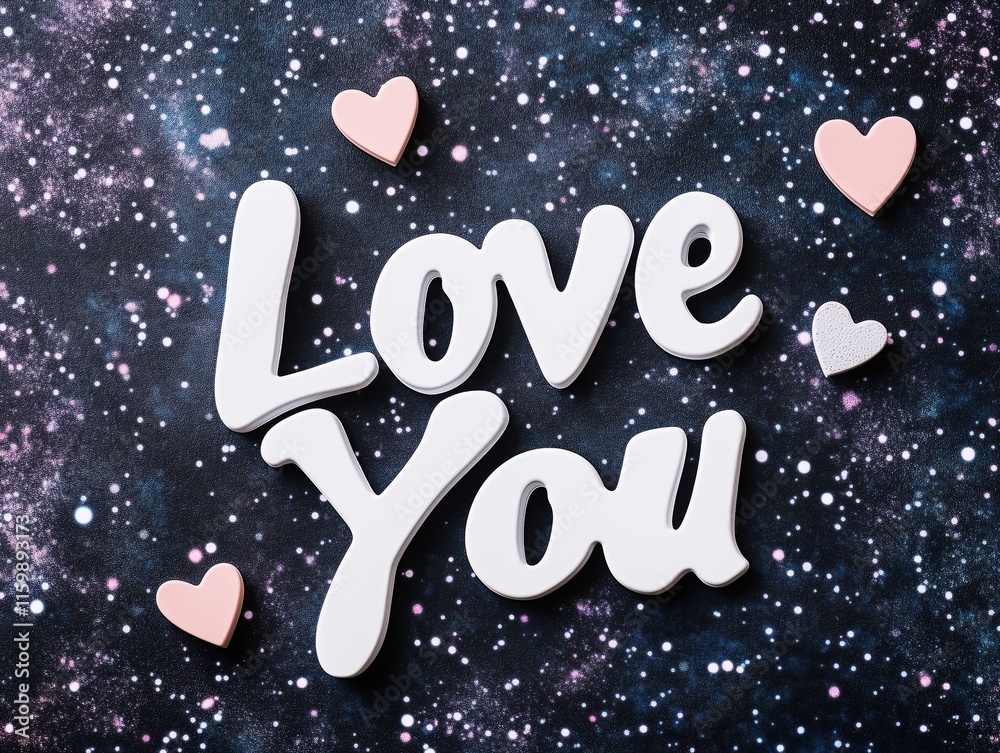 Fototapeta premium White Love You lettering with pink hearts on a starry galaxy-inspired background