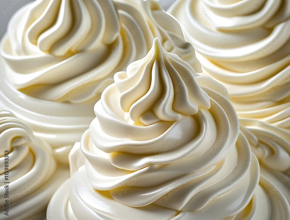 Decadent whipped cream close-up showcasing its smooth, creamy texture and perfect swirl design, ideal for desserts, baking, and sweet treats, highlighting rich flavor and premium quality for culinary Decadent whipped cream close-up showcasing its smooth, creamy texture and perfect swirl design, ideal for desserts, baking, and sweet treats, highlighting rich flavor and premium quality for culinary