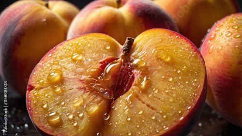 A close-up of a juicy peach cut in half, showcasing its vibrant color and water droplets.