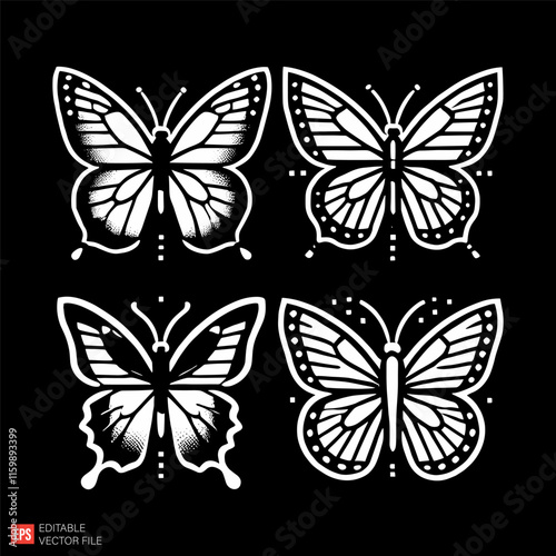 Set of Butterfly Sketch Designs with Intricate Patterns on Black Background