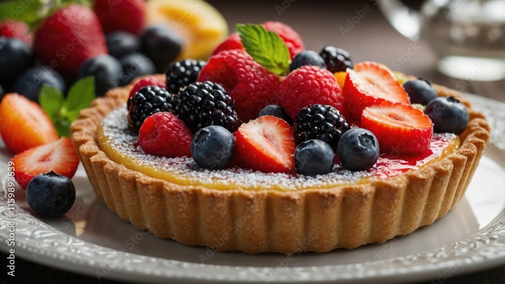 A delicious fruit tart topped with assorted berries and mint on a decorative plate. A delicious fruit tart topped with assorted berries and mint on a decorative plate.
