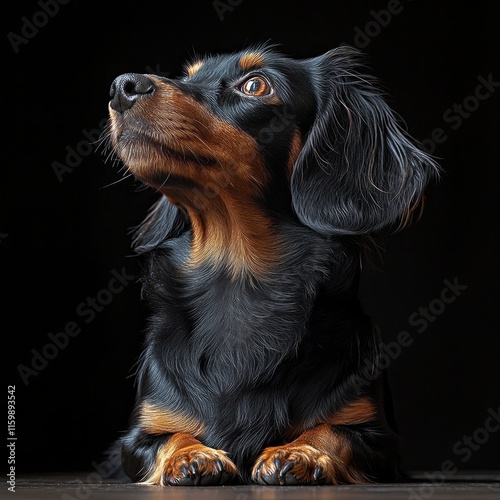 Close-up portrait of long-haired black and tan dachshund on dark background photo