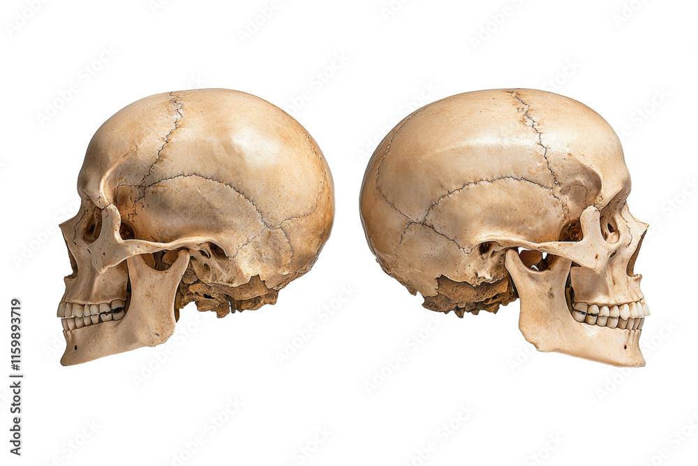 Naklejka premium Two skulls are shown side by side, one of which is missing its nose