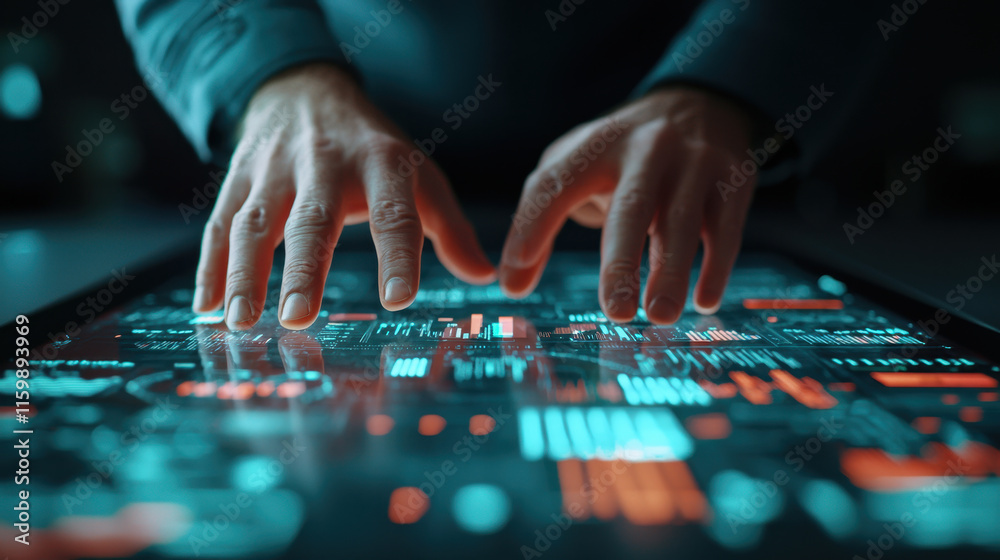 Futuristic technology interface with hands interacting on touchscreen Futuristic technology interface with hands interacting on touchscreen