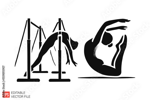 Silhouette Illustrations of Female Gymnasts in Artistic Poses and Movements