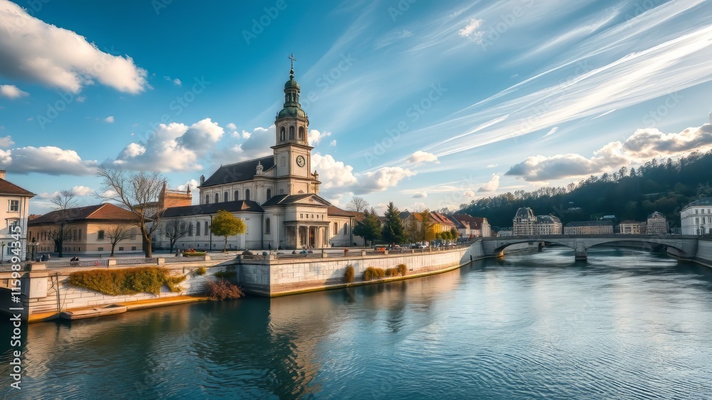 Naklejka premium Filialkirche Pyrawang Church Danube River Austria - Stunning AI Photo