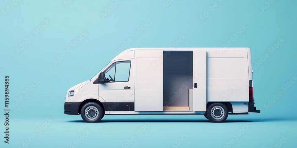 White delivery van parked on a light blue background with an open sliding door showcasing interior space White delivery van parked on a light blue background with an open sliding door showcasing interior space