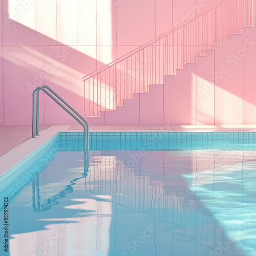 Pink pool and stairs bathed in sunlight. A tranquil and serene scene perfect for relaxation and summer vibes.