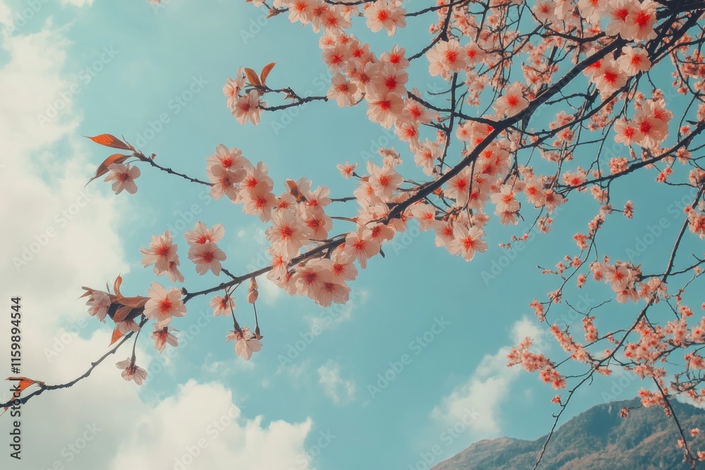 Beautiful sakura cherry blossom wallpaper with blue sky and mountain Beautiful sakura cherry blossom wallpaper with blue sky and mountain
