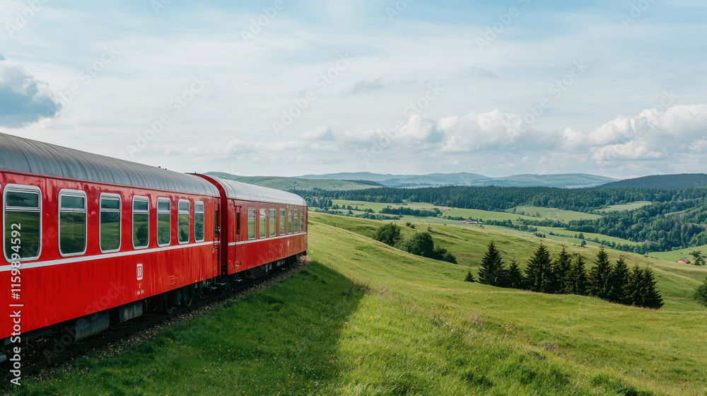 scenic red train travels through lush green hills and valleys, showcasing beautiful landscapes scenic red train travels through lush green hills and valleys, showcasing beautiful landscapes