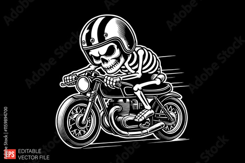 Skull Rider on Motorcycle Illustration Depicting Speed and Adventure in Retro Style