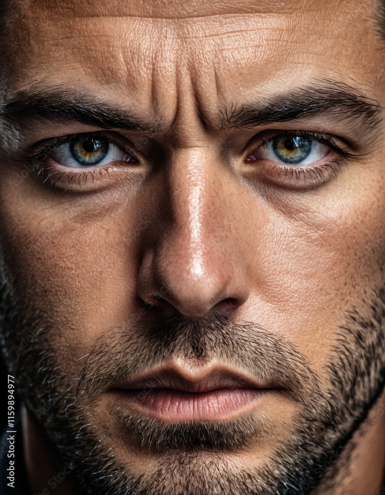 Obraz premium Intense gaze of a bearded man with expressive eyes and wrinkled forehead