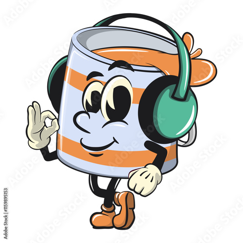 orange cute isolated cartoon paint can character mascot listening to headset while dancing, work of hand drawn