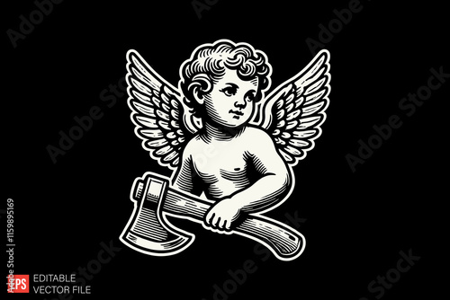 Illustrated Cupid Angel with Bow and Arrow Art on Black Background