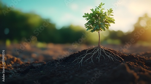 Detailed macro shot of young tree sapling showing complete root system in soil, photographed against blurred blue sky, emphasizing growth and environmental themes through professional styling.