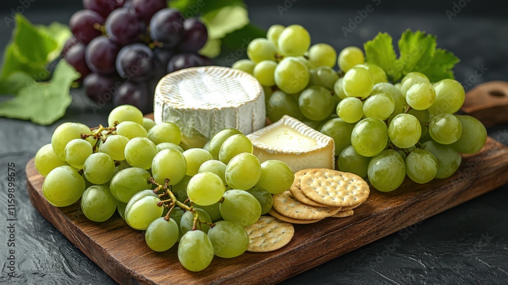 A vibrant cheese board featuring green and purple grapes, creamy cheese, and crackers, perfect for a gourmet snack or party platter. A vibrant cheese board featuring green and purple grapes, creamy cheese, and crackers, perfect for a gourmet snack or party platter.