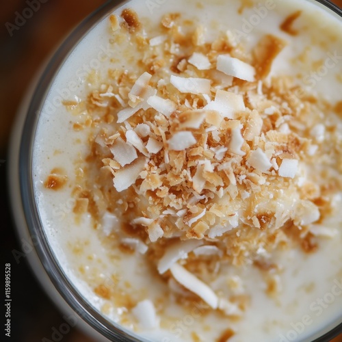 Smooth coconut milkshake topped with toasted coconut flakes. Featuring a rich creamy texture
