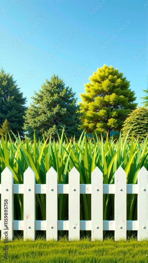Fototapeta premium Vibrant green summer garden with white picket fence and lush trees under clear blue sky