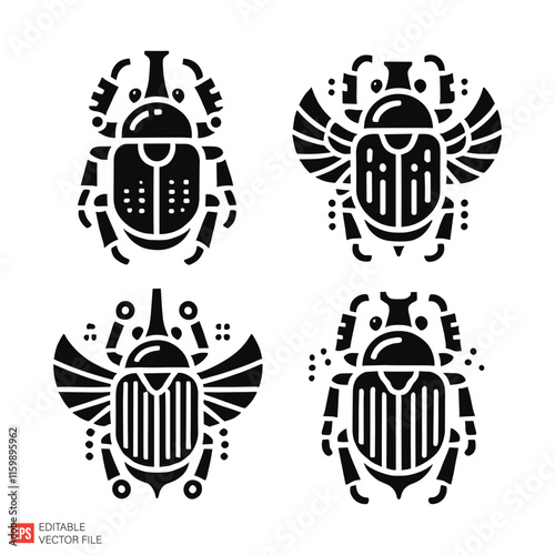 Vector Set of Stylized Scarab Insects Illustrations in Black and White