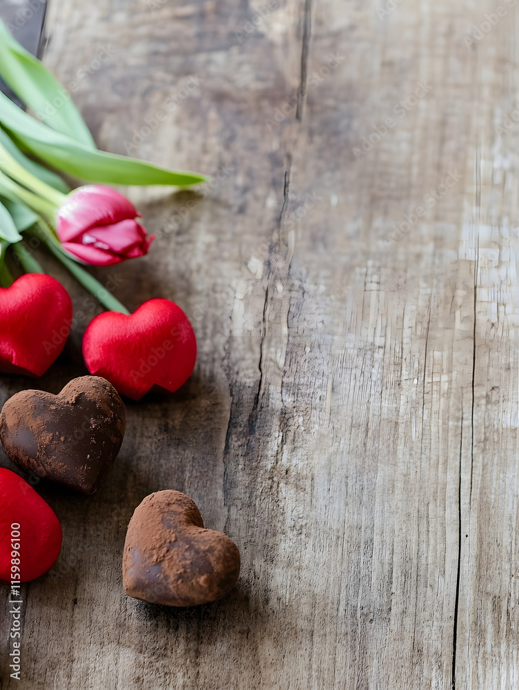 Romantic Flat Lay with Red Tulips and Heart Shaped Chocolates on Wooden Background : Generative AI Romantic Flat Lay with Red Tulips and Heart Shaped Chocolates on Wooden Background : Generative AI