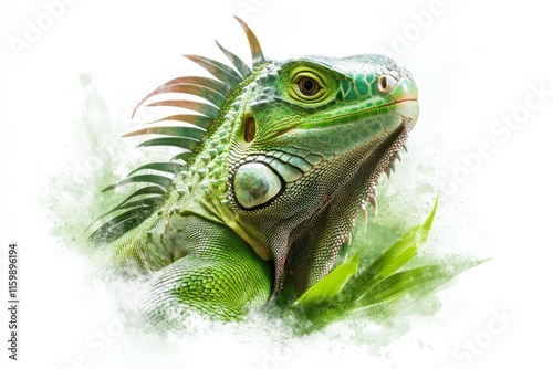 A stylized icon of an iguana with its tail curled, set against a white background with soft green accents photo