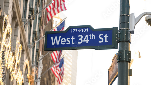 West 34th Street Sign in New York City with American Flags