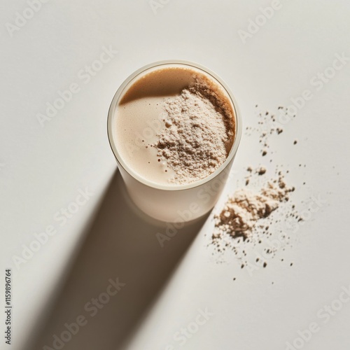Smooth vanilla protein shake in a shaker. Featuring protein powder and almond milk