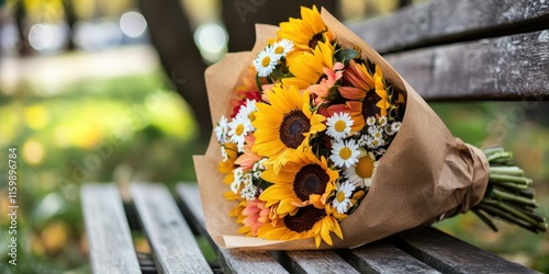 A flower bouquet of vibrant sunflowers and daisies wrapped in brown paper, placed on a rustic bench, photo