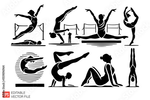 Silhouette Illustrations of Female Gymnasts in Artistic Poses and Movements