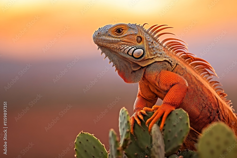 Fototapeta premium A vibrant image of a brightly colored iguana perched on a cactus in an arid desert landscape