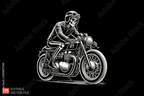 Skull Rider on Motorcycle Illustration Depicting Speed and Adventure in Retro Style