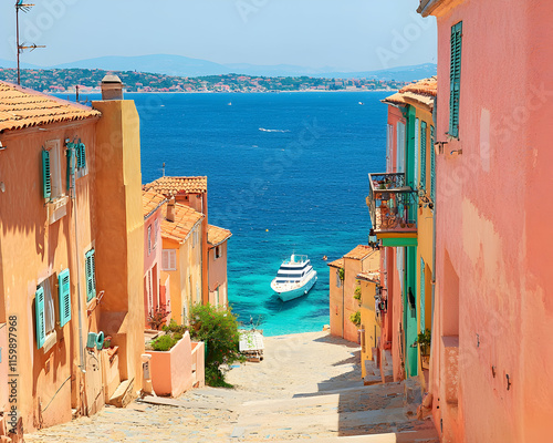 Fototapeta Naklejka Na Ścianę i Meble -  Charming coastal town street scene, colorful buildings, turquoise sea, luxury yacht, idyllic summer vacation destination.