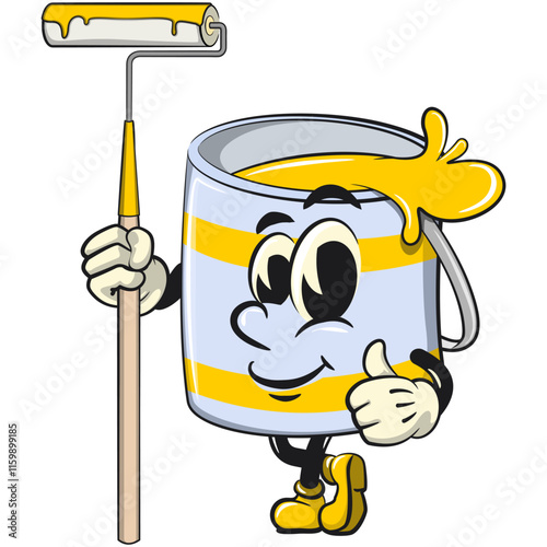 yellow cute isolated cartoon paint can character mascot holding a paint roller tool, work of hand drawn