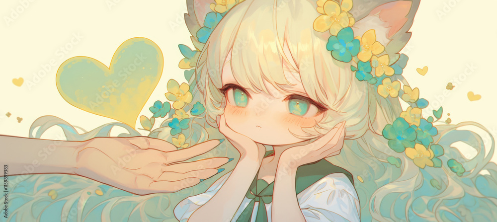 Adorable anime style character with cat ears, floral hair accessories, and shy expression Adorable anime style character with cat ears, floral hair accessories, and shy expression