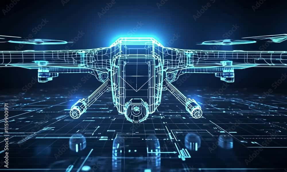 A futuristic drone design rendered in a blue wireframe style.
