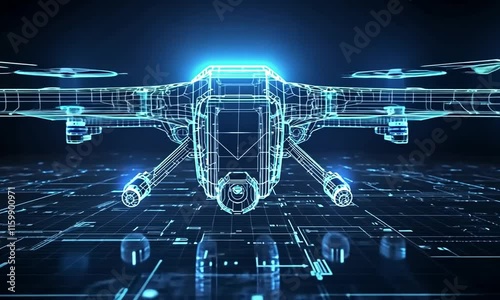 A futuristic drone design rendered in a blue wireframe style.