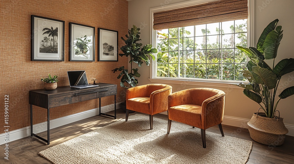 Fototapeta premium Sunlit home office with dark wood desk, orange chairs, and tropical prints.