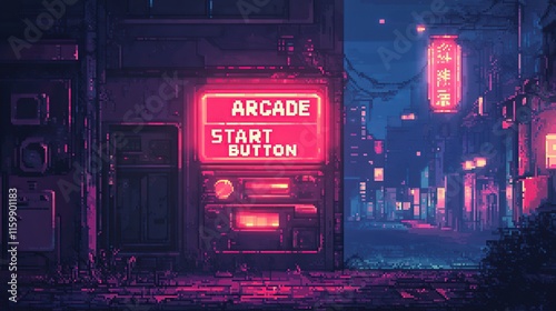 Pixel art depicting a neon-lit arcade entrance on a dimly lit city street at night.