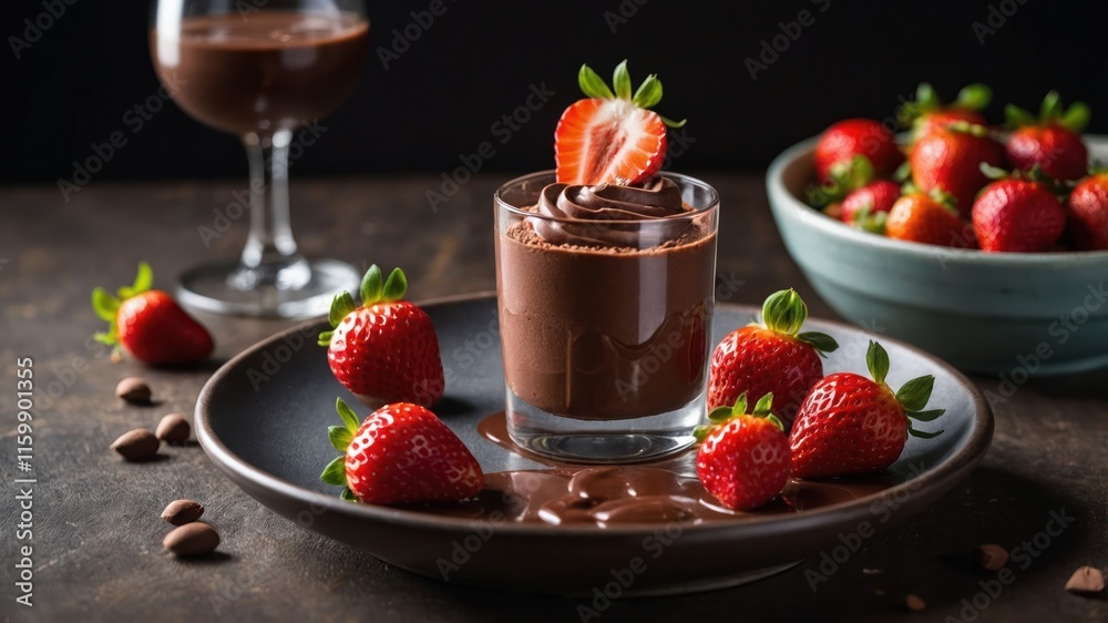 A delectable chocolate dessert served with fresh strawberries and a glass of chocolate drink. A delectable chocolate dessert served with fresh strawberries and a glass of chocolate drink.