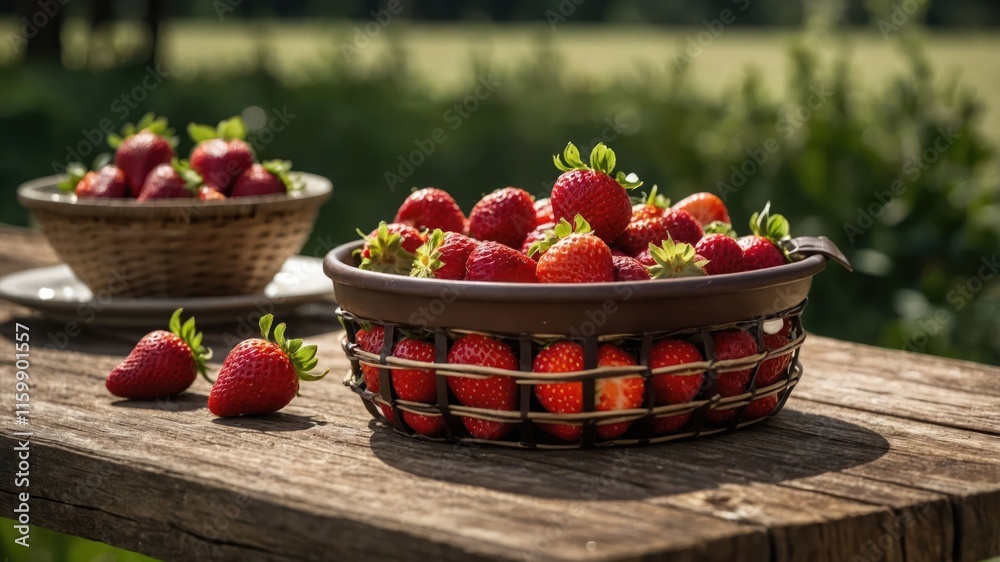 A rustic display of fresh strawberries in woven baskets on a wooden table outdoors. A rustic display of fresh strawberries in woven baskets on a wooden table outdoors.